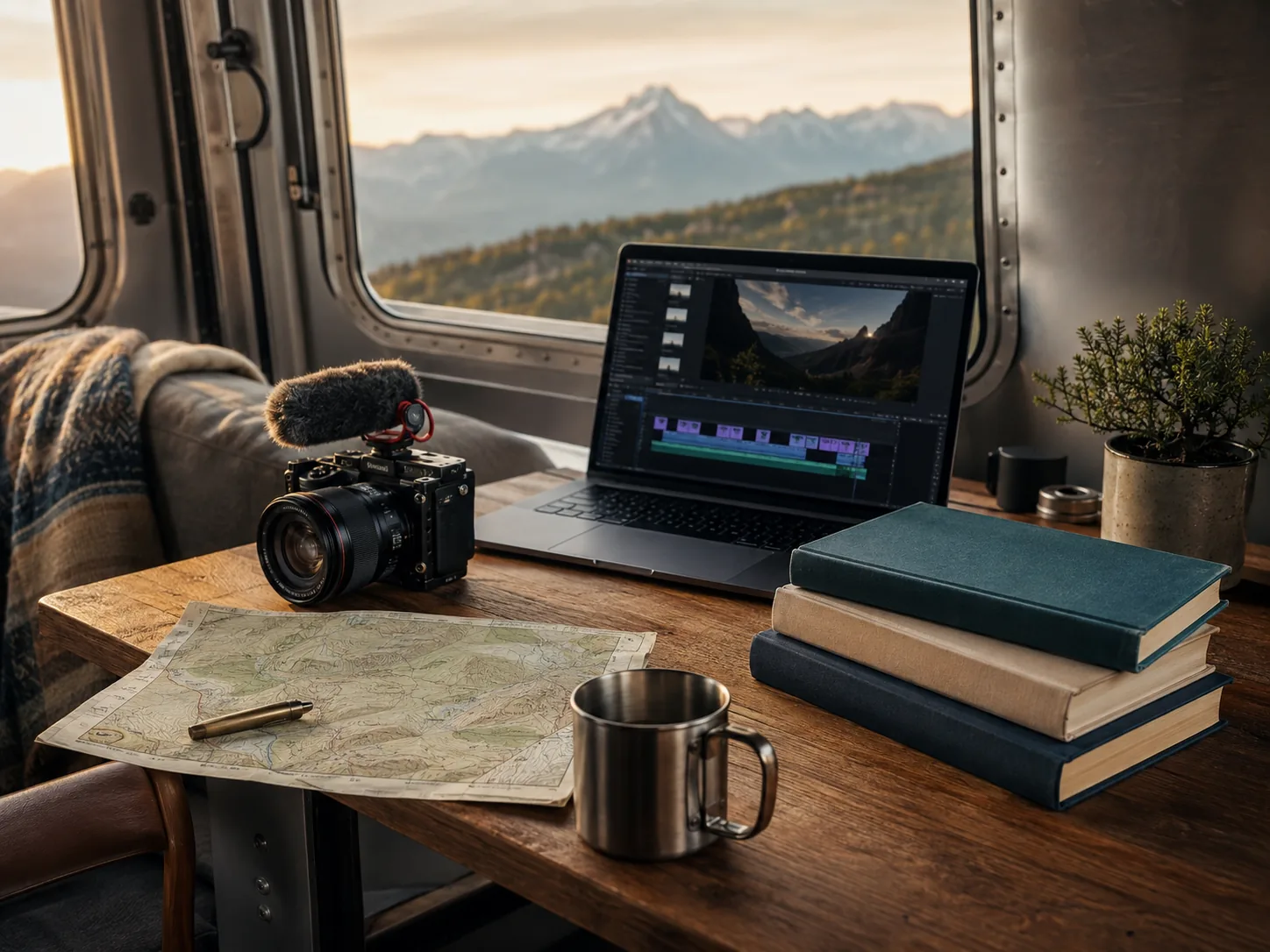 Camera, laptop, maps, and books on the desk where Antone edits his videos