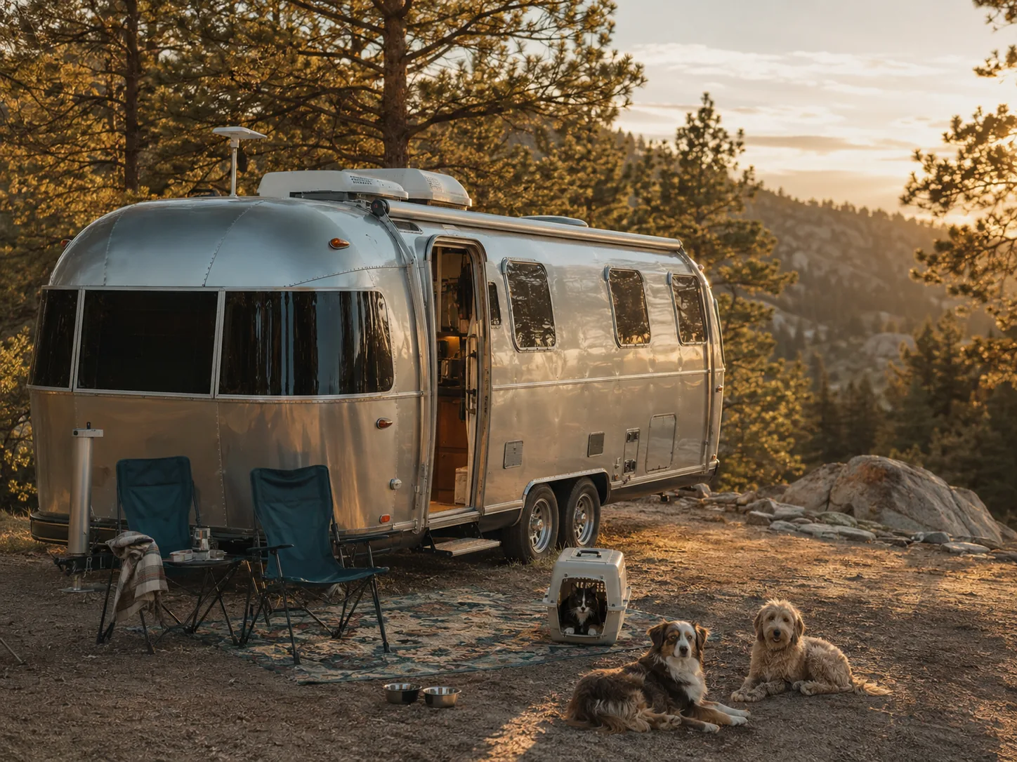 Antone and Raven's Airstream parked at a forest campsite with their two dogs