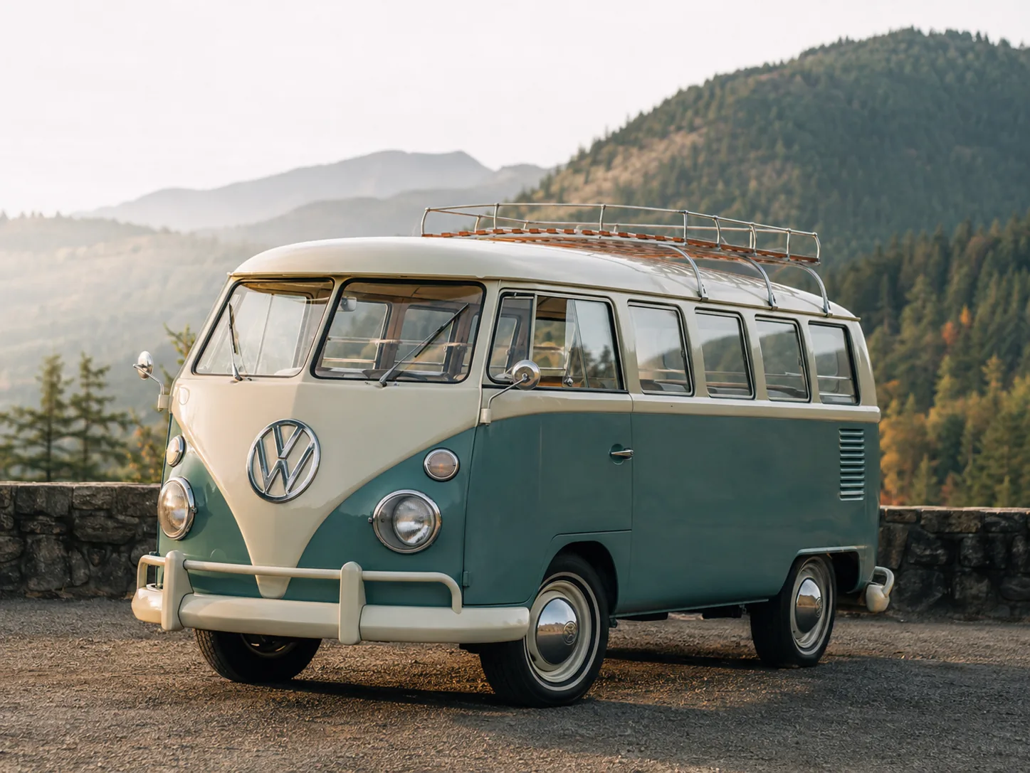 Gus, Antone's 1971 VW Bus, parked at a mountain overlook